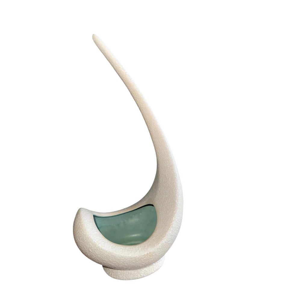 Vintage Mid Century Modern Ceramic Planter Vase Cream Teal Original USA C-416